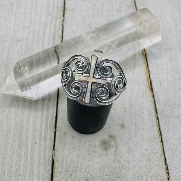 Lab Opal Cross Sterling Silver Ring - Picture 1 of 7